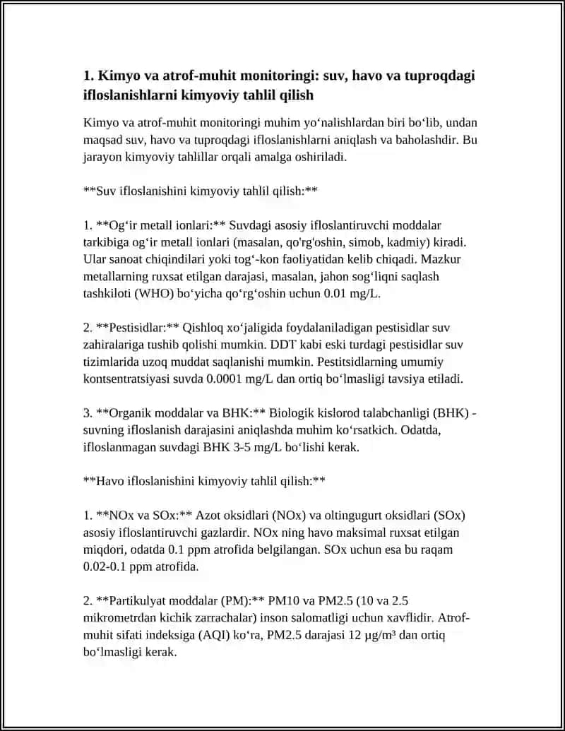 Kimyo va atrof-muhit monitoringi: suv, havo va tuproqdagi ifloslanishlarni kimyoviy tahlil qilish 3