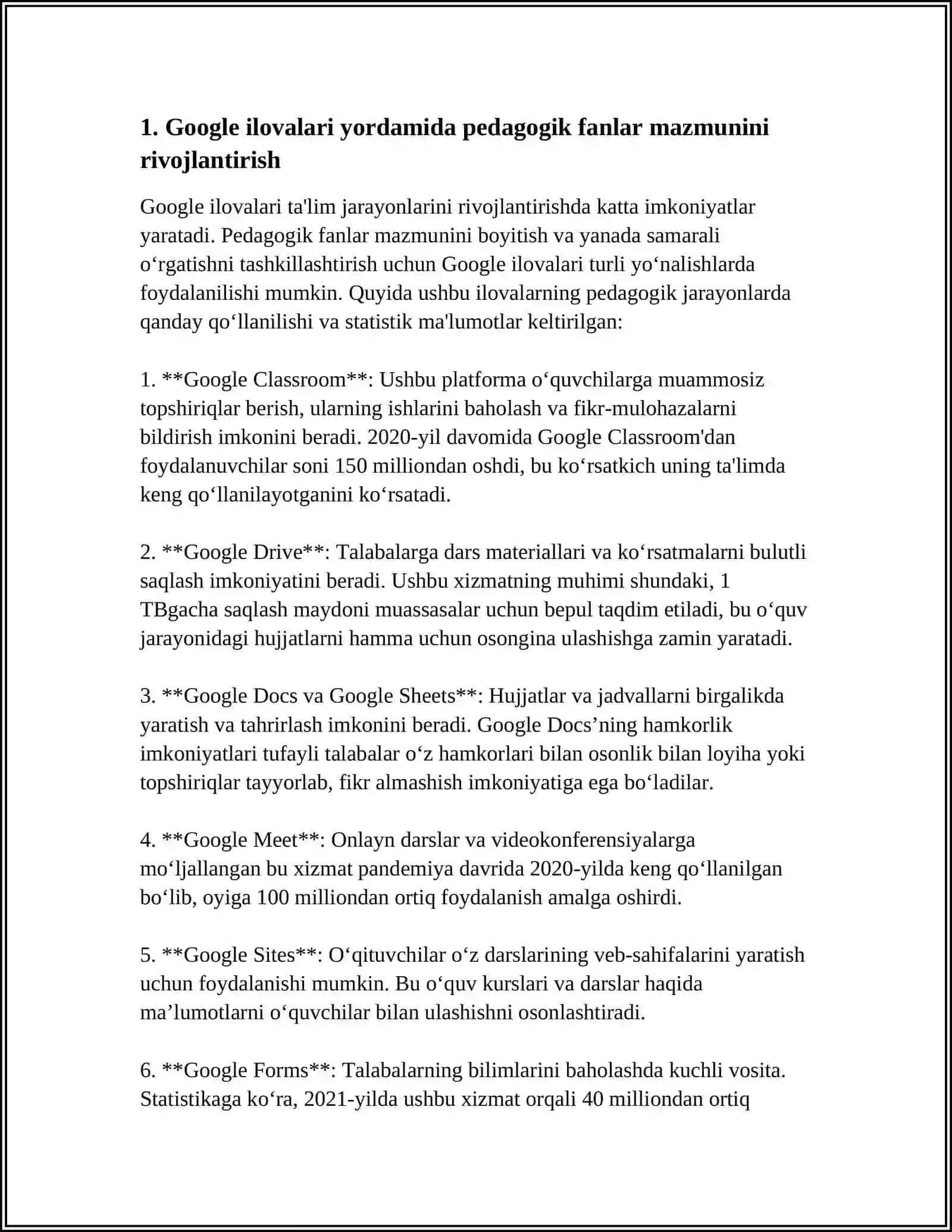 GOOGLE ILOVALARI YORDAMIDA PEDAGOGIK FANLARNI ÔQITISHNING MAZMUNI 3