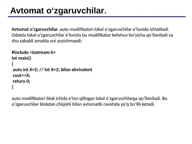 C++ tilida xotira sinflari. Nomlar fazosi 3
