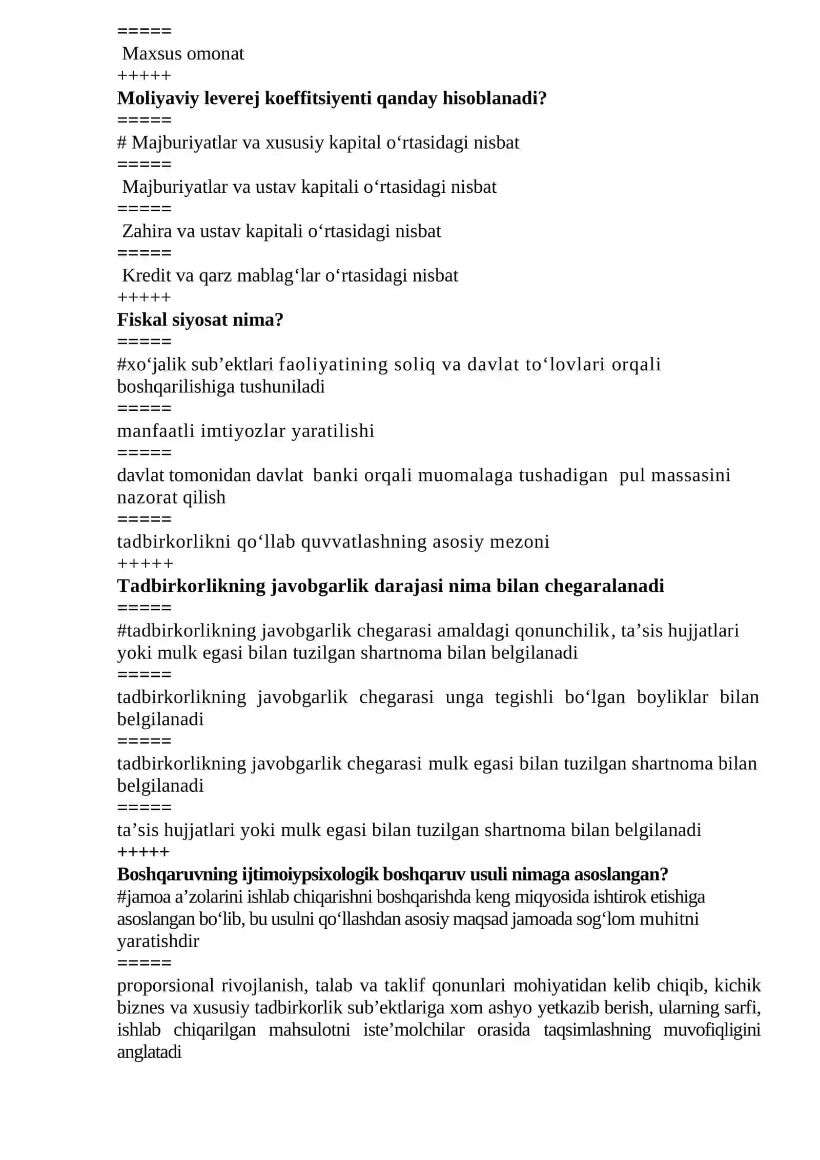 Kichik biznes va tadbirkorlik fanidan yakuniy nazorat TEST savollari 3