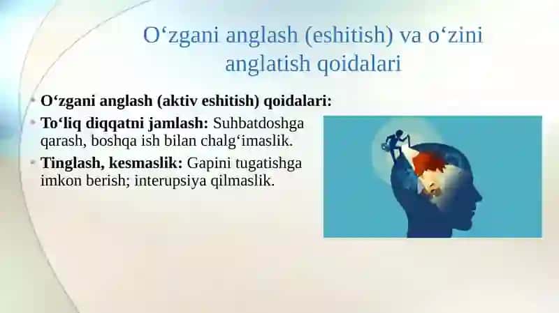 O‘zgаni аnglаsh (eshitish) vа o‘zini аnglаtish qоidаlаri.Kоnfliktlаrni bоshqаrish tаrtiblаri vа usullаri.Kоnfliktlаrni bаrtаrаf etishdа “Mеn-tаsdiqlаr” (Mеn-murоjааt) usuli 3