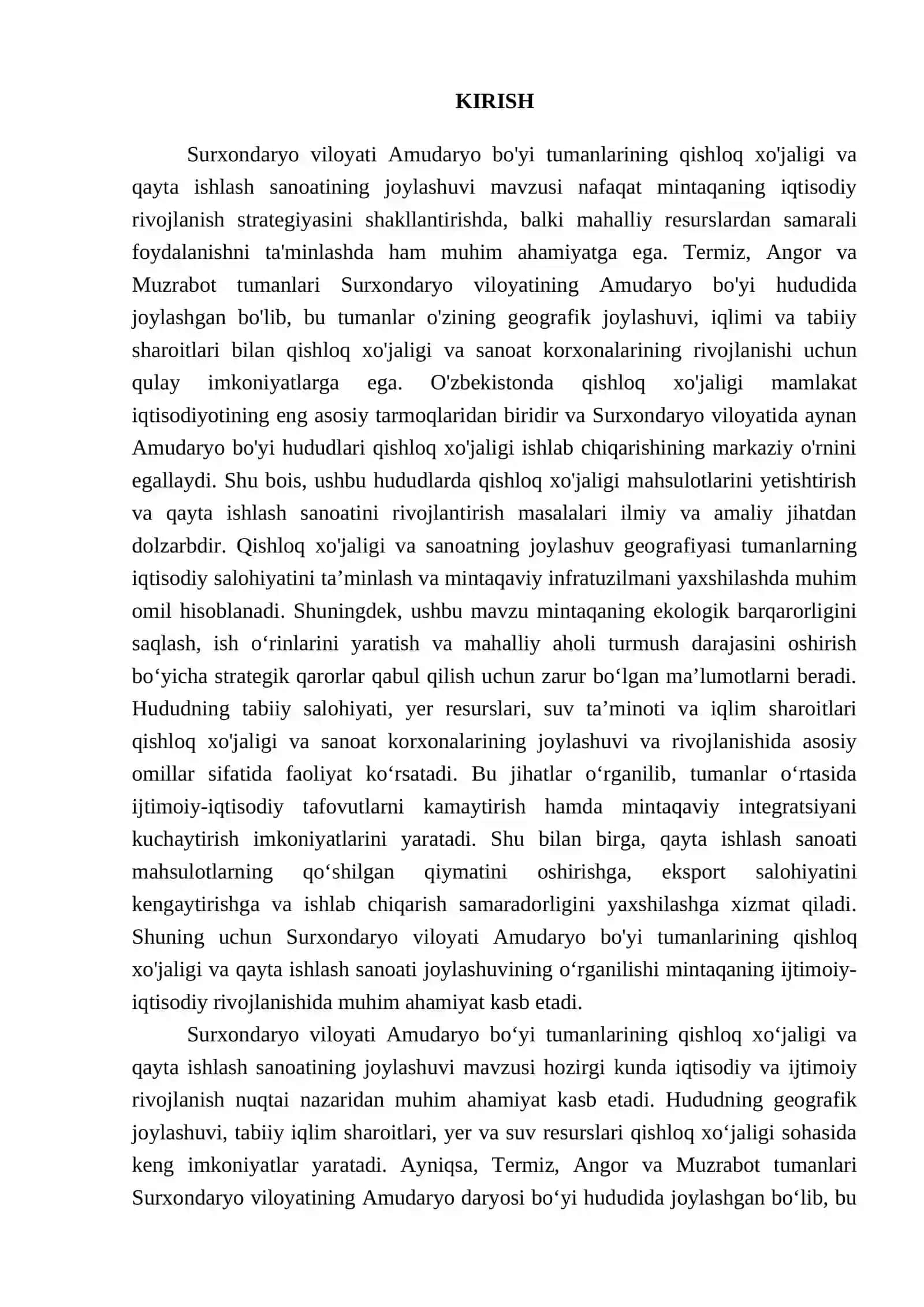 "Surxondaryo viloyati Amudaryo bo'yi tumanlarining qishloq xo'jaligi va qayta ishlash sanoatining joylashuvi (Termiz Angor Muzrabot tumanlari misolida)" 3