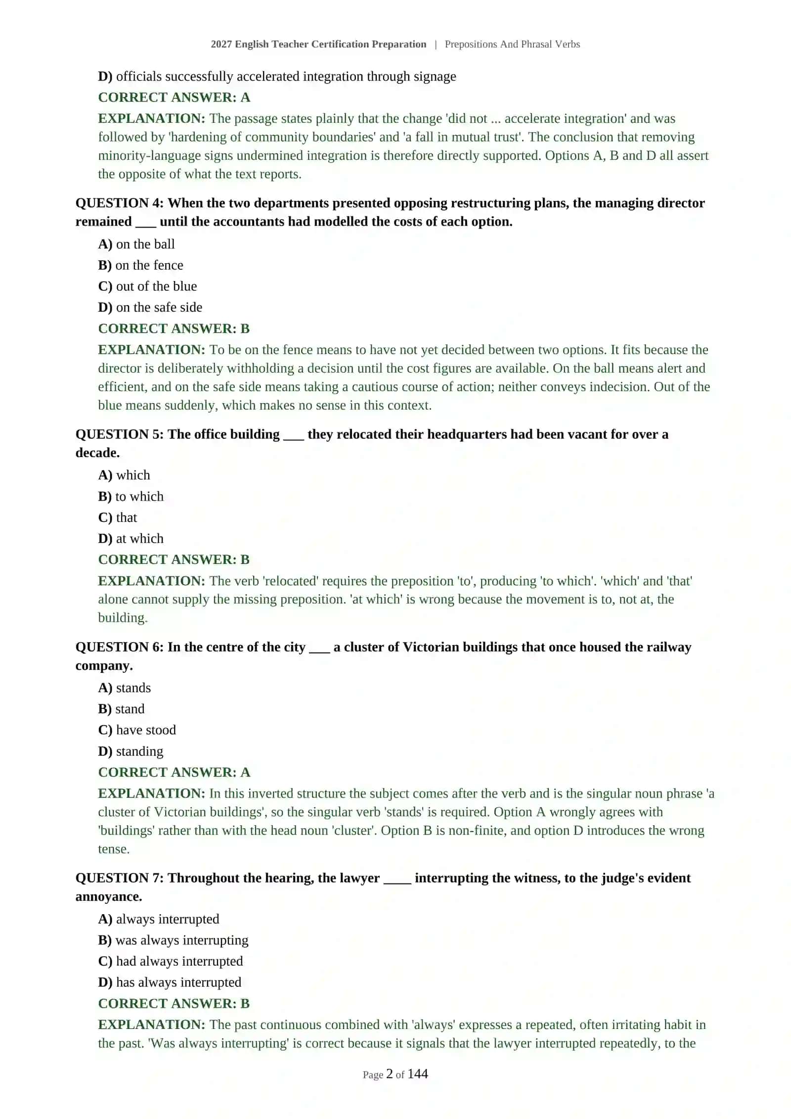 2027 English Teacher Certification Preparation | Prepositions And Phrasal Verbs 3