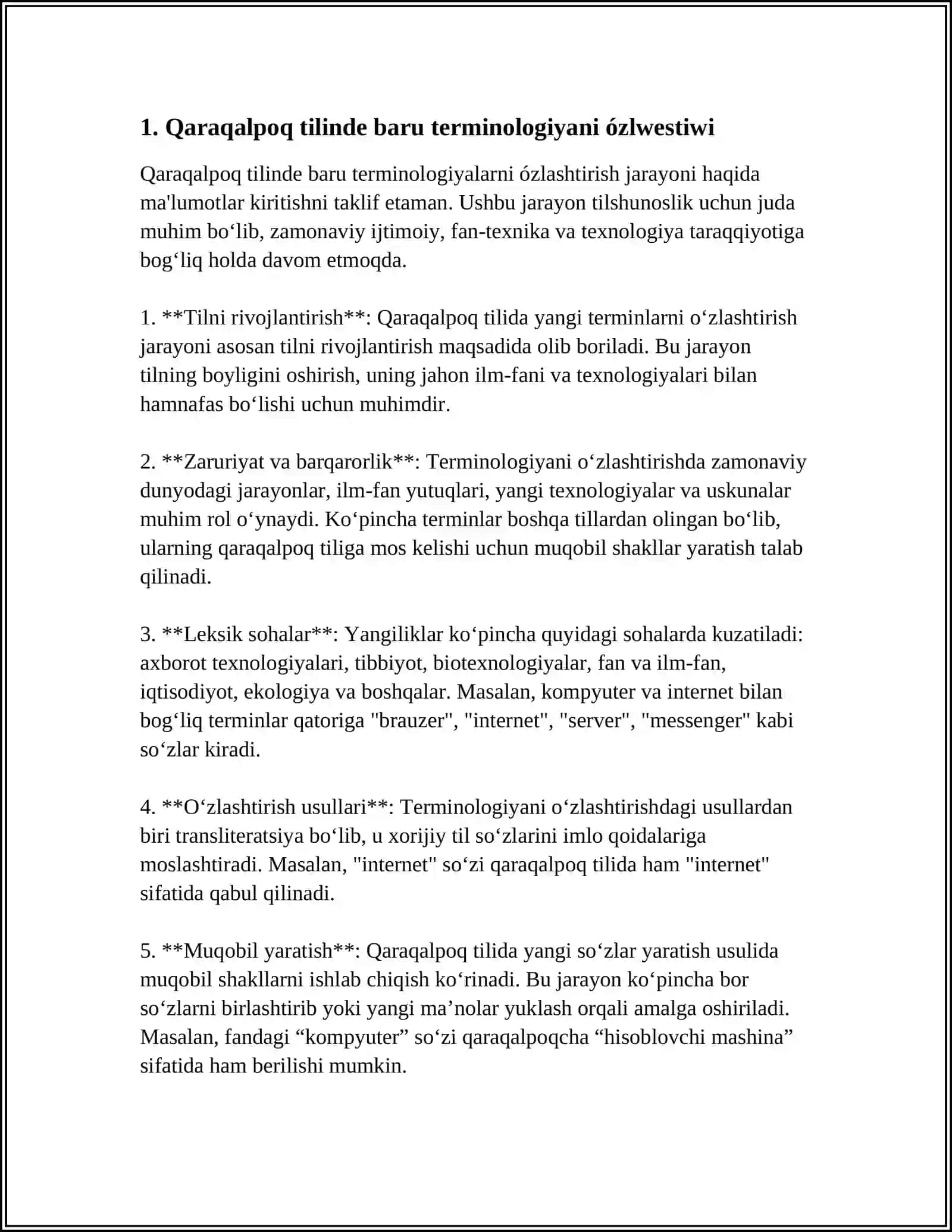 "JÁNA TERMINLER" MAVZUSIGA QARAQALPOQCHA MUSTAQIL ISH KERAK 3