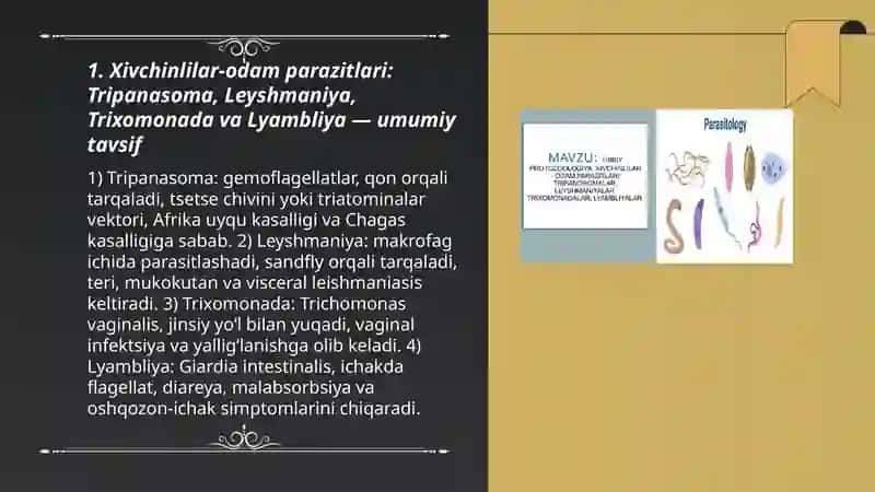 Xivchinlilar-odam parazitlari:Tripanasoma, Leyshmaniya, Trixomonada va Lyambliya 3