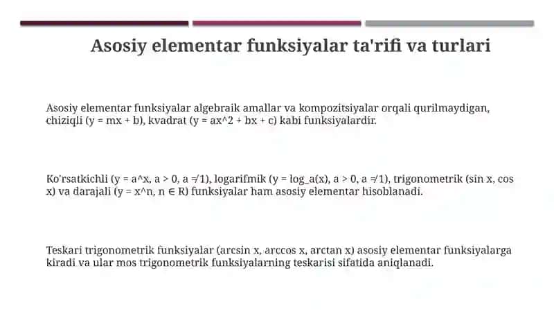 Asosiy elementar funksiyalar va ularni xossalari, grafiklari 3