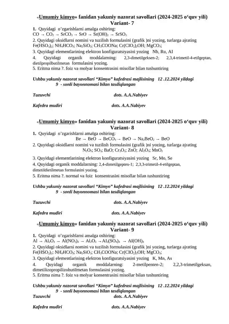 Umumiy kimyo fanidan yakuniy nazorat savollari (2024-2025 o‘quv yili) - Variant 1 3