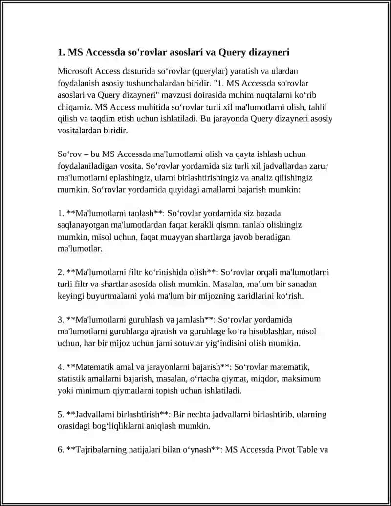 MS ACCESS MUHUTIDA TURLI SO'ROVLAR YARATISH VA SQL SO'ROVLAR TILI 3
