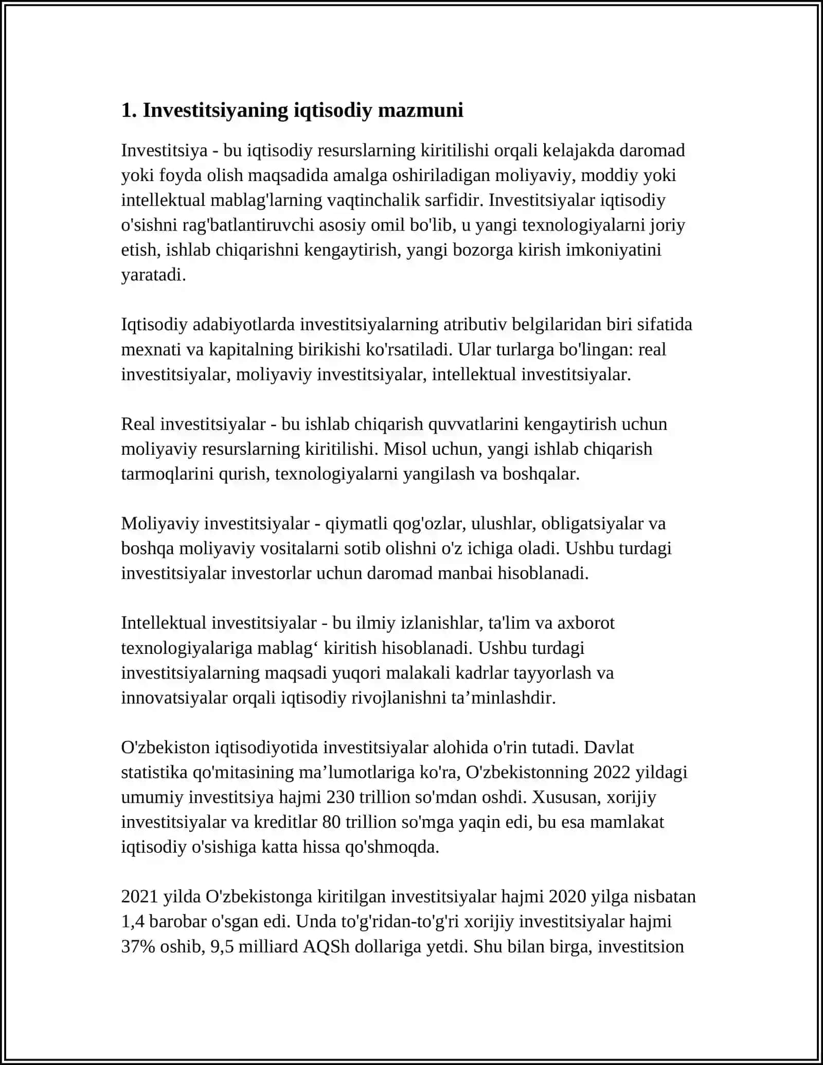 INVESTITSIYALARNING IQTISODIY MAZMUNI, TURLARI VA ULARNING HAJMIGA TAʼSIR ETUVCHI OMILLAR 3