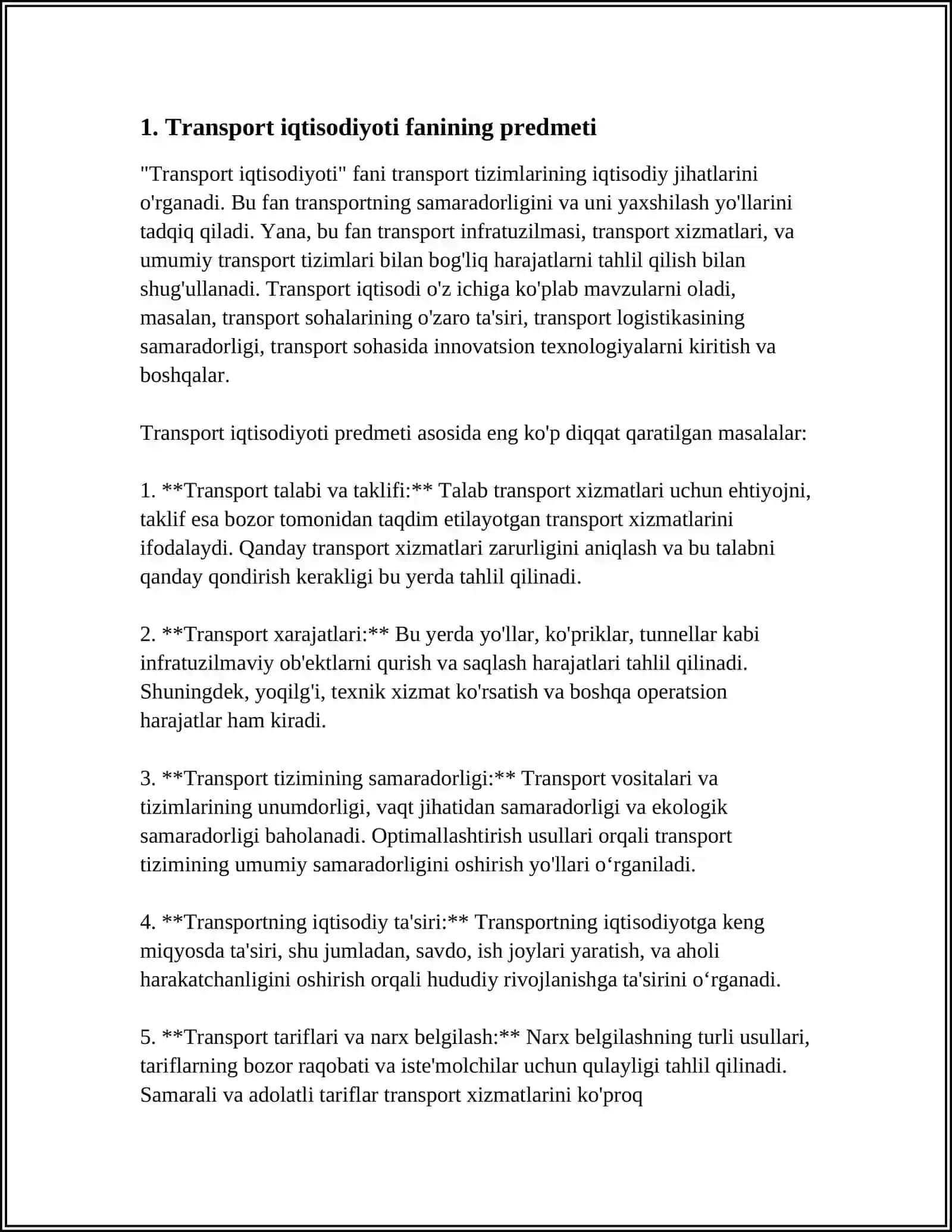 TRANSPORT IQTISODIYOTI KORPORATIV BOSHQARUV TIZIMI SHAROITIDA TRANSPORT IQTISODIYOTI FANINING PREDMETI, MAZMUNI VA MAQSADI 3