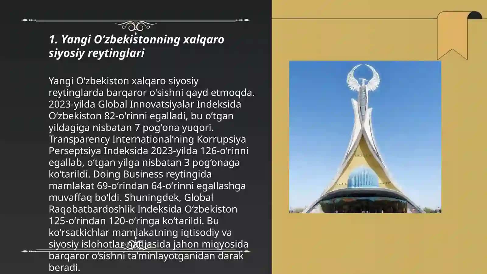 Yangi Oʻzbekistonda ijtimoiy-siyosiy iqtisodiy va madaniy hayotda roʻy berayotgan oʻzgarishlarni xalqaro reyting va indekslarini aks etishi 3