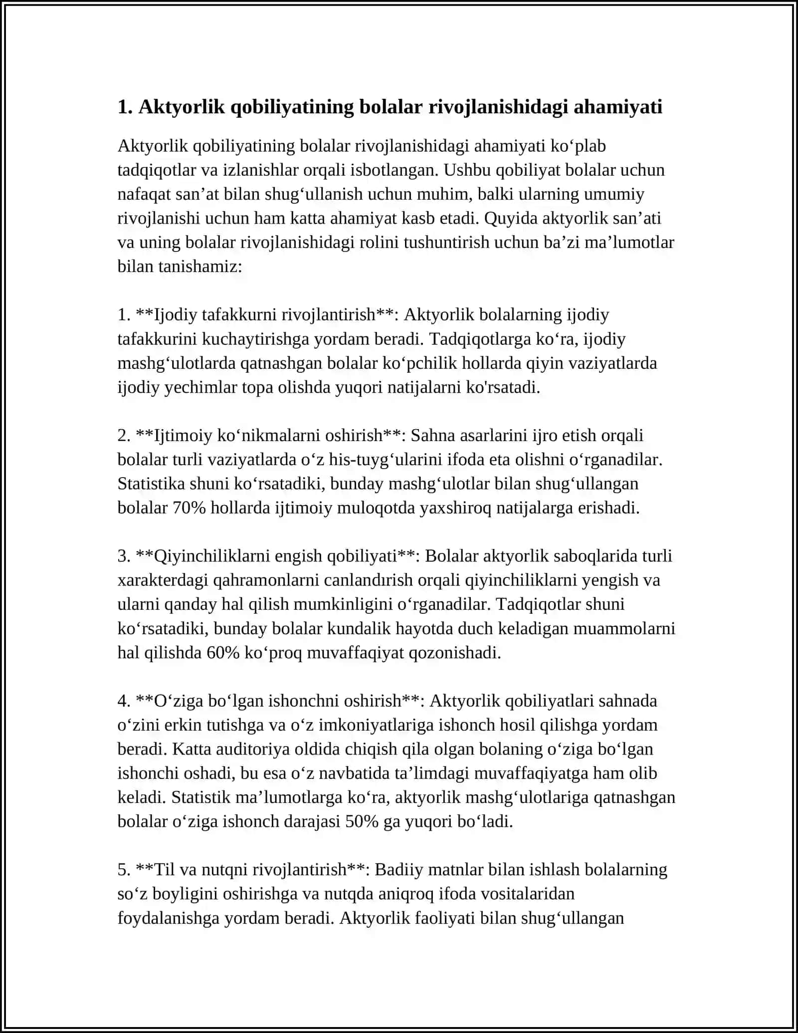 SAHNALASHTIRISH FAOLIYATIDA BOLALARDA AKTYORLIK QOBILYATINI RIVOJLANTIRISH 3