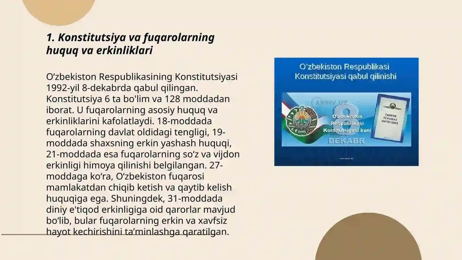 Konstitutsiyaning hayotimizdagi o’rni va konstitutsiyadagi moddalarning hayotga tatbiq qilish usullari 3