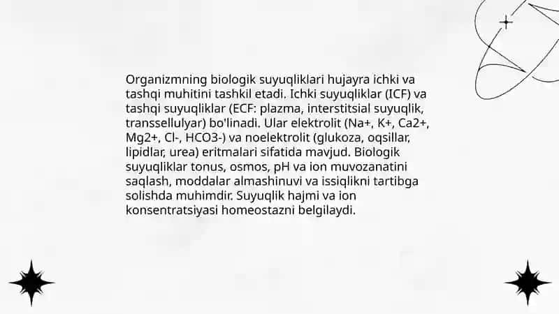 Organizmning bialogik suyuqliklar elektrolit va noelektrolit eritmalari sifatida 3