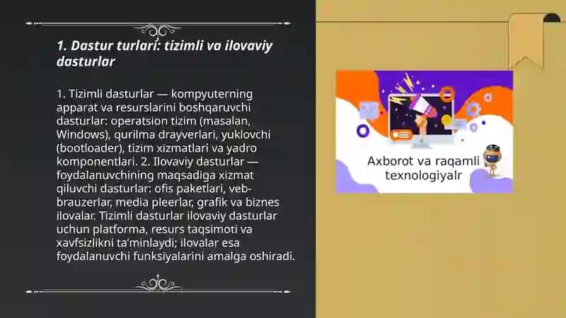 Dastur turlari.Ot turlar.Windows Ot obyektlari.Windows operatsion tizimni kompyuterga oʻrnatish (Instalizasiya qilish).Operasion sistemaning boshqa turlari 3
