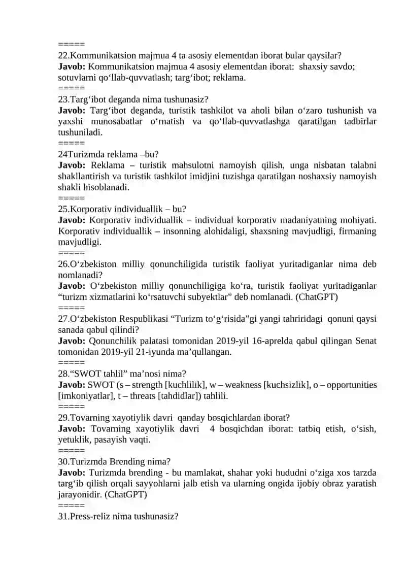 TURIZM MARKETINGI  FANIDAN TEST SAVOLLARI 3