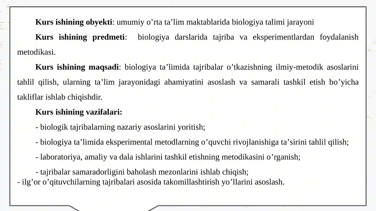 "Biologiyataʼlimidatajribalarningahamiyati"mavzusidatayyorlaganishi 3