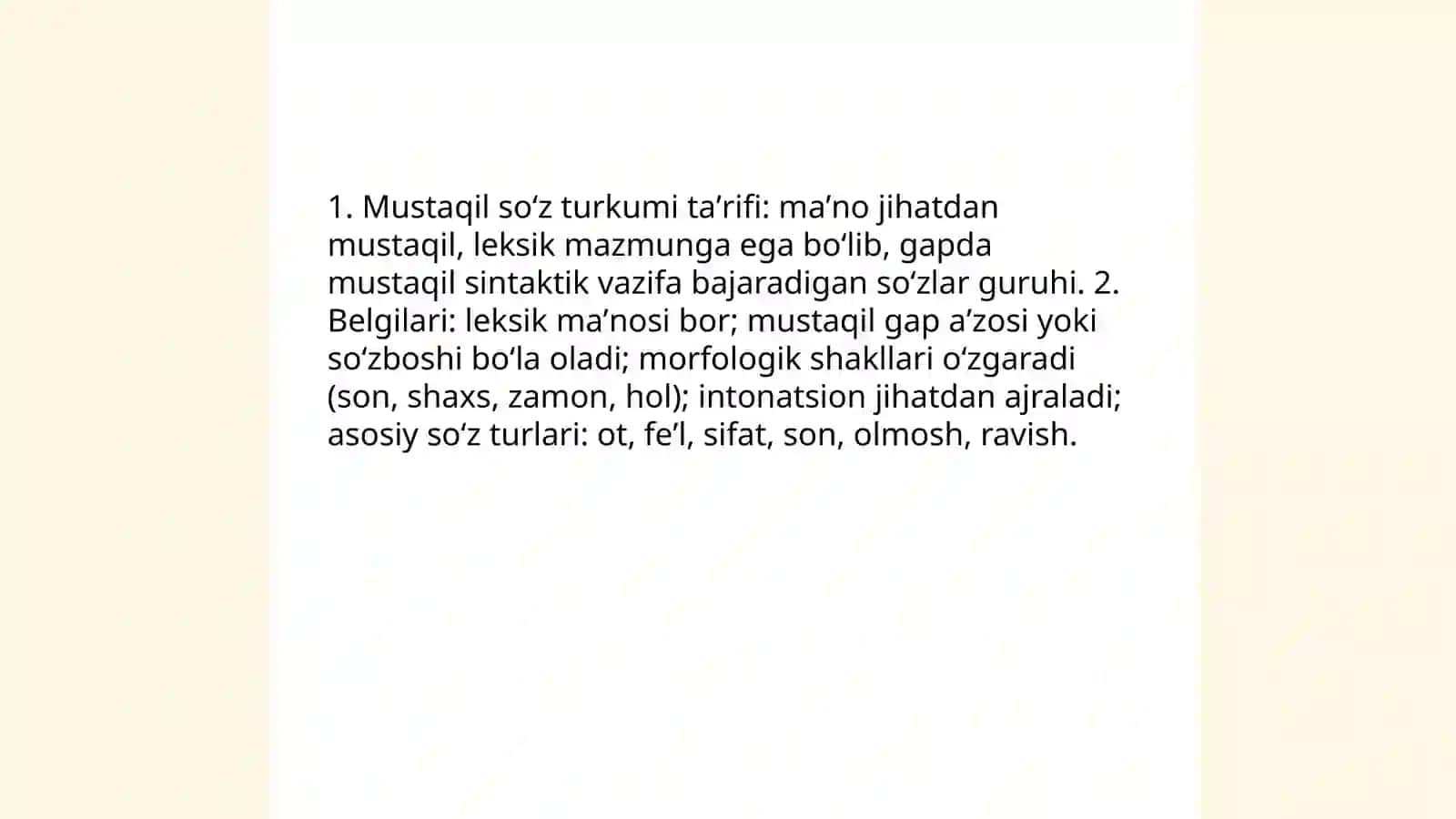 Hozirgi ona tilida soʻzlarning mustaqil yordamchi va alohida guruh soʻz turkimlariga ajratilishi 3
