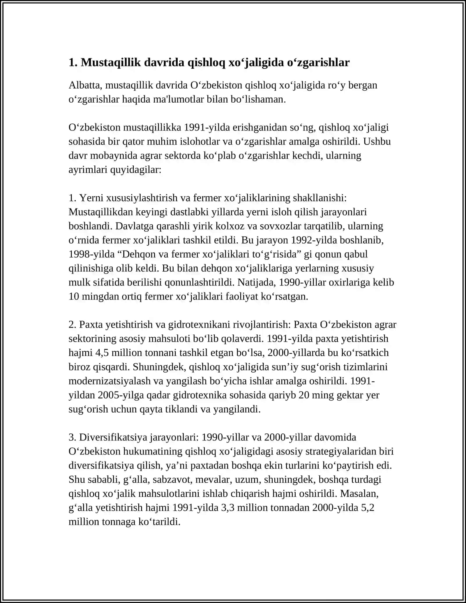 MUSTAQILLIK YILLARIDA QISHLOQ XOʻJALIGI VA SANOAT SOHASIDAGI O'ZGARISHLAR 3