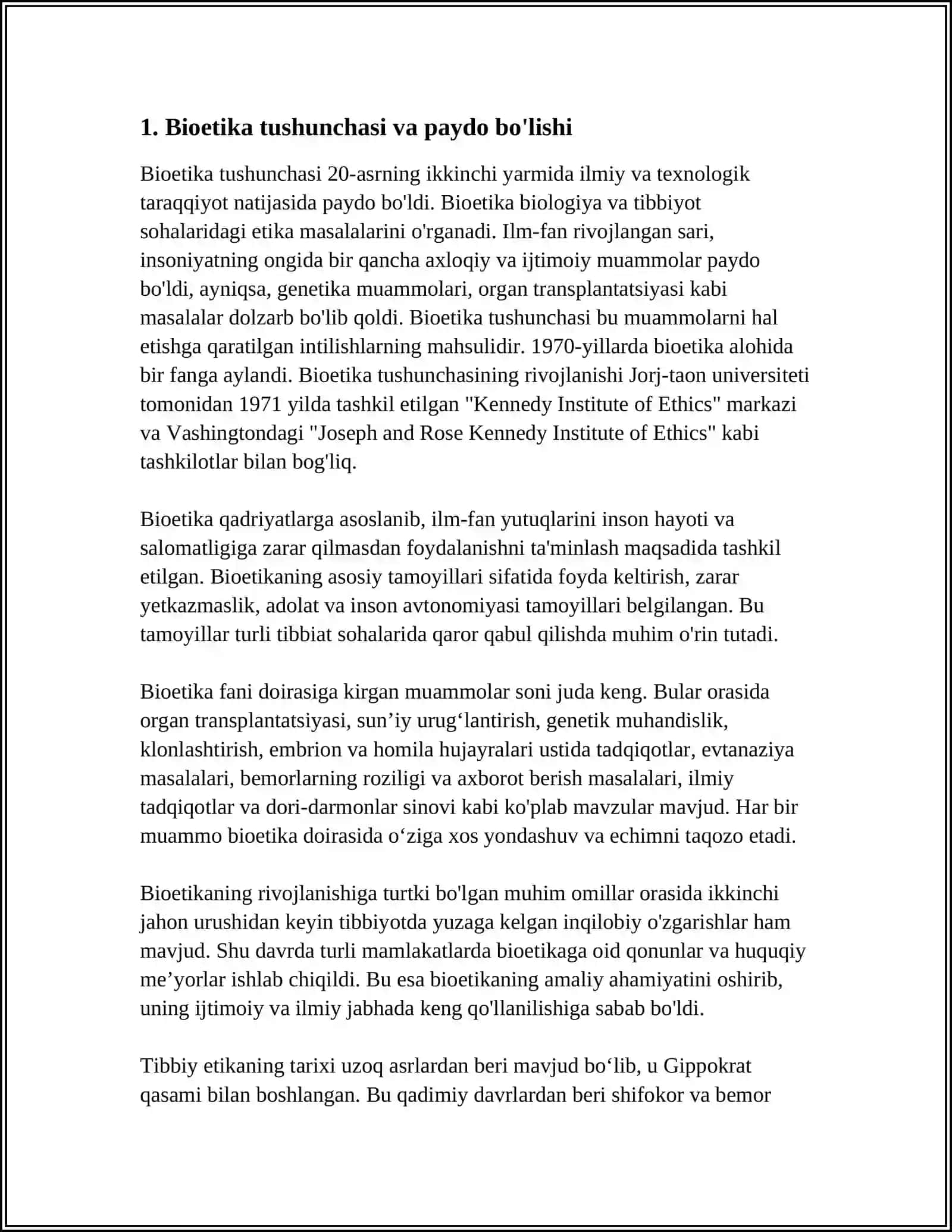 BIOETIKA TUSHUNCHASI. BIOETIKA MUAMMOLARI. TIBBIY ETIKANING TARIXIY MODELLARI. EVTANAZIYANING HUQUQIY JIHATLARI. EVTANAZIYA TASNIFI 3