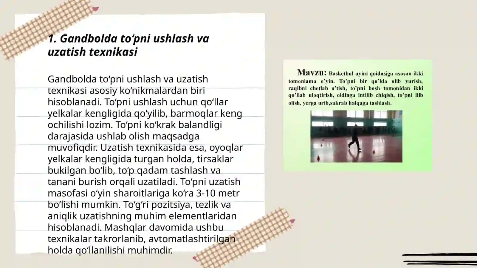 Gandbol oʻyin mashqlari texnikasi va taktikasi usullarini oʻrganish takomillashtirish hamda mahoratini oshirish 3