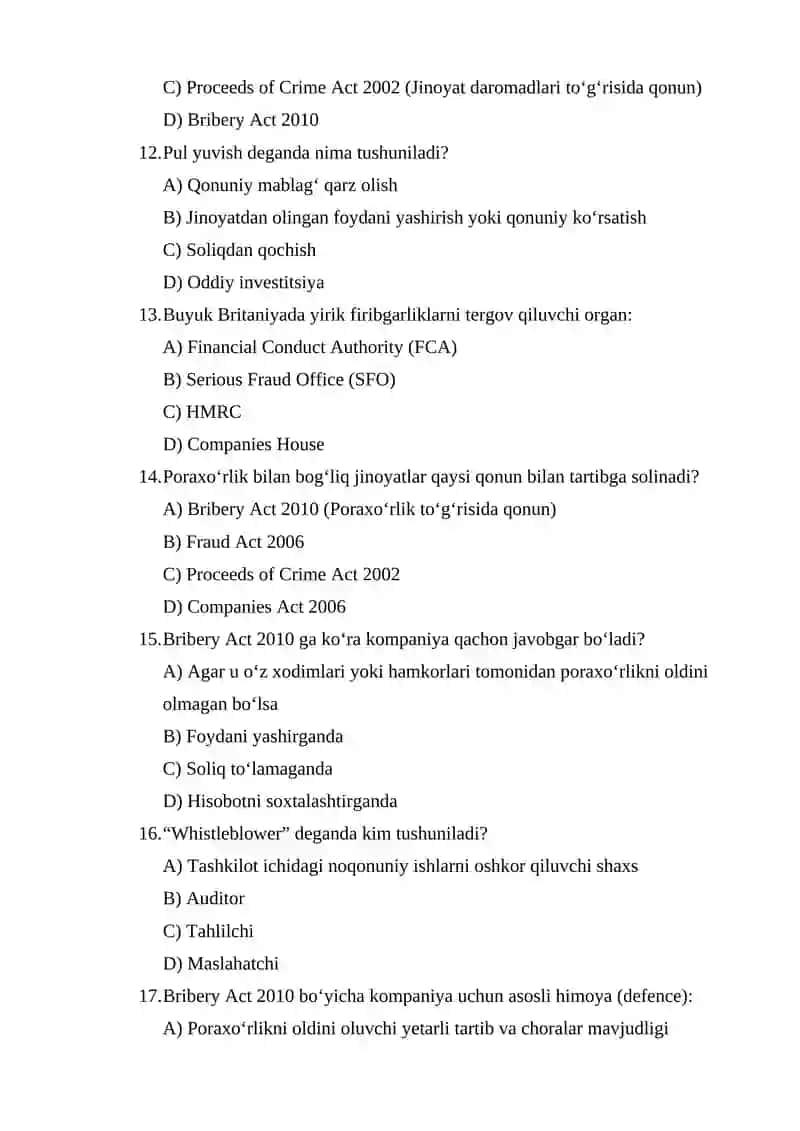 FIRIBGARLIK VA JINOYAT XATTI-HARAKATI - 30 TEST SAVOLI 3