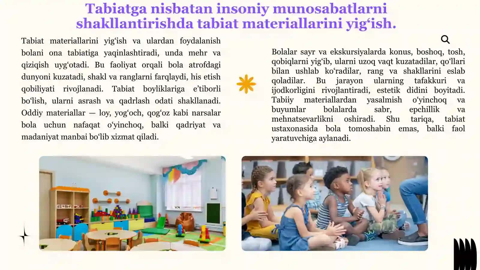 TABIATGA NISBATAN INSONIY MUNOSABATLARNI SHAKLLANTIRISHDA TABIAT MATERIALLARINI YIG‘ISH VA BOLALARDA ULARNI BADIIY IJODDA AKS ETTIRISH FAOLIYATLARINI RIVOJLANTIRISH 3