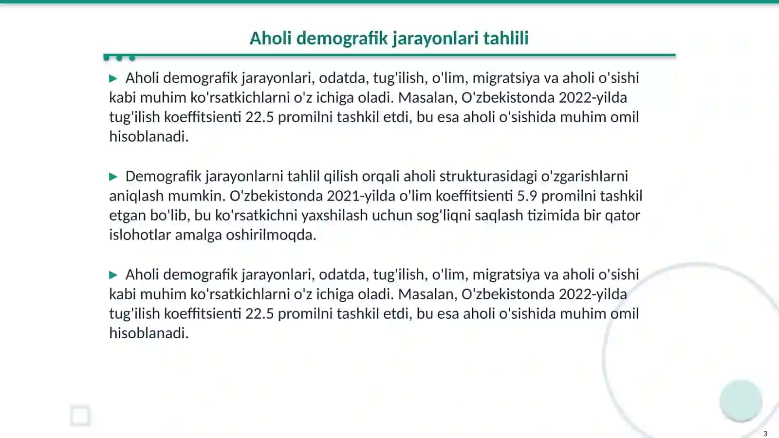 Aholi oʻrtasidagi demografik jarayon va demografik koʻrsatkichlarni hisoblash usullari.Aholing kasallanish koʻrsatkichlari va ularni hisoblash.Xalqaro kasalliklarning tasnifi.Kasalliklar koʻrsatkichini hisoblash va baholash metodikasi 3