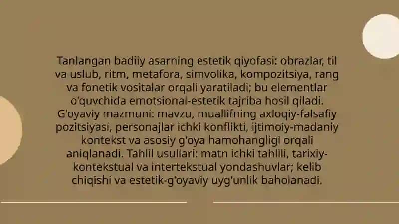 Tanlangan badiiy asarlarni estetik-g'oyaviy jihatdan tahlil qilish 3