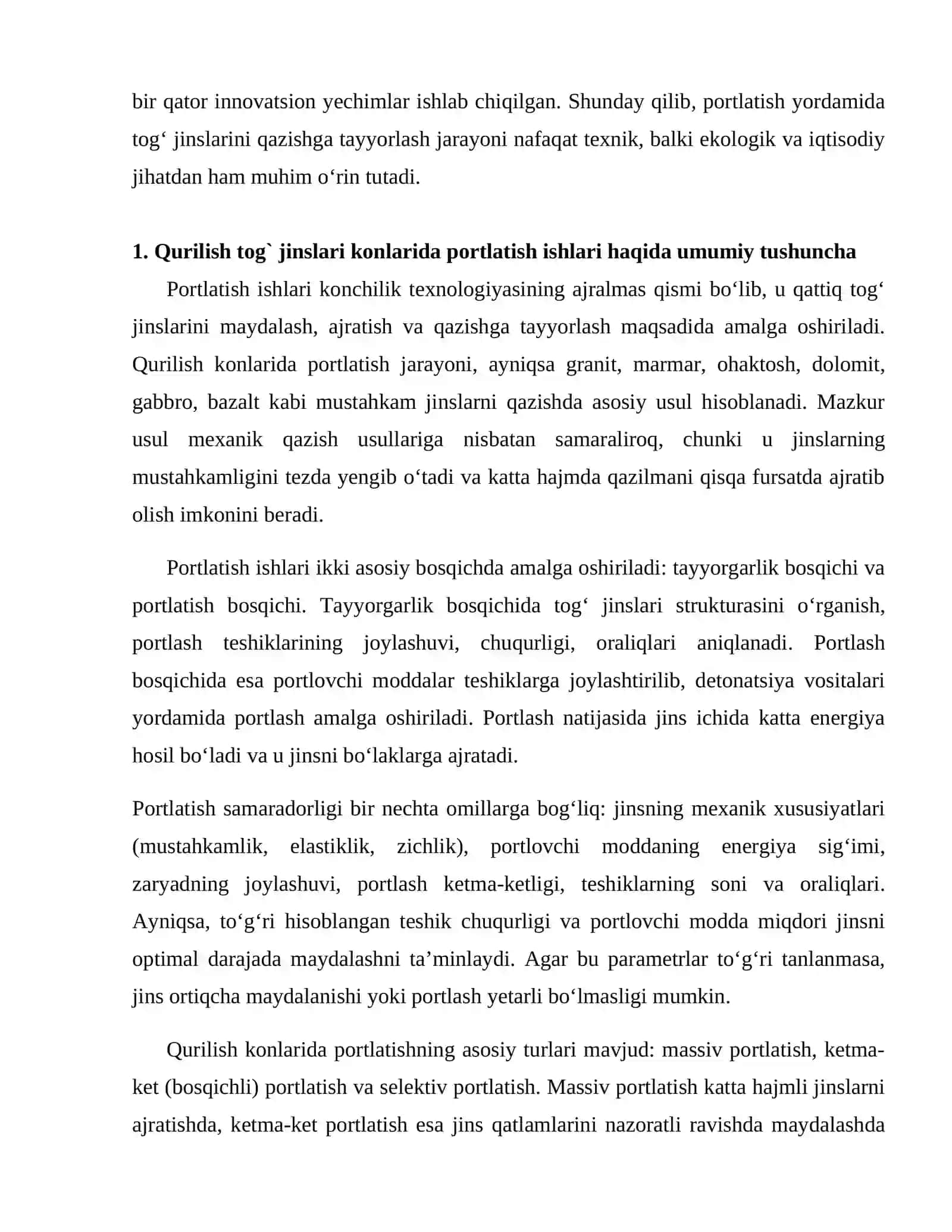Qurilish tog` jinslari konlarida portlatish yordamida tog` jinslarini qazishga tayyorlash 3