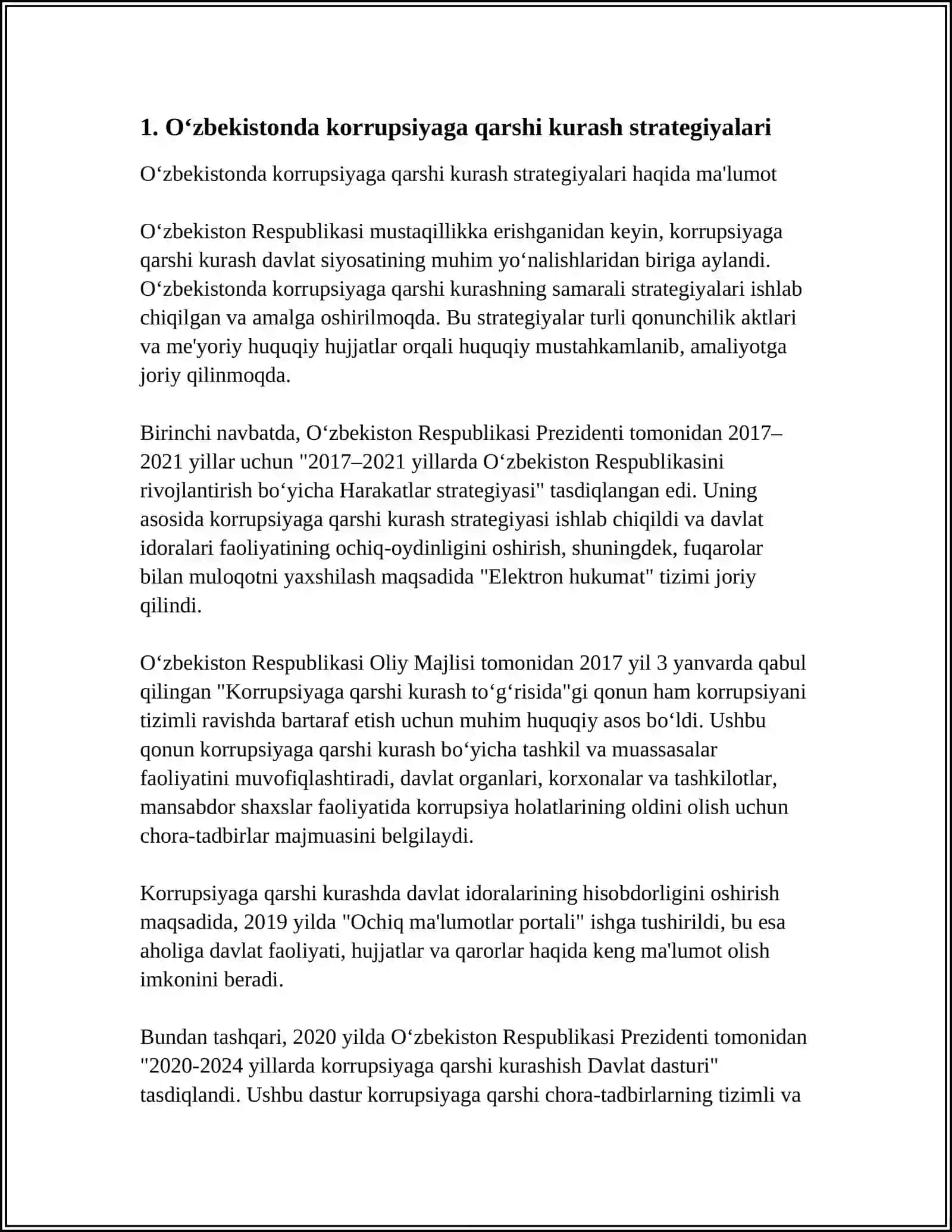 O‘zbekistonda Korrupsiyaga Qarshi Kurash Strategiyalari va Me’yoriy Asoslar Mavzusida Esse Yozish 3