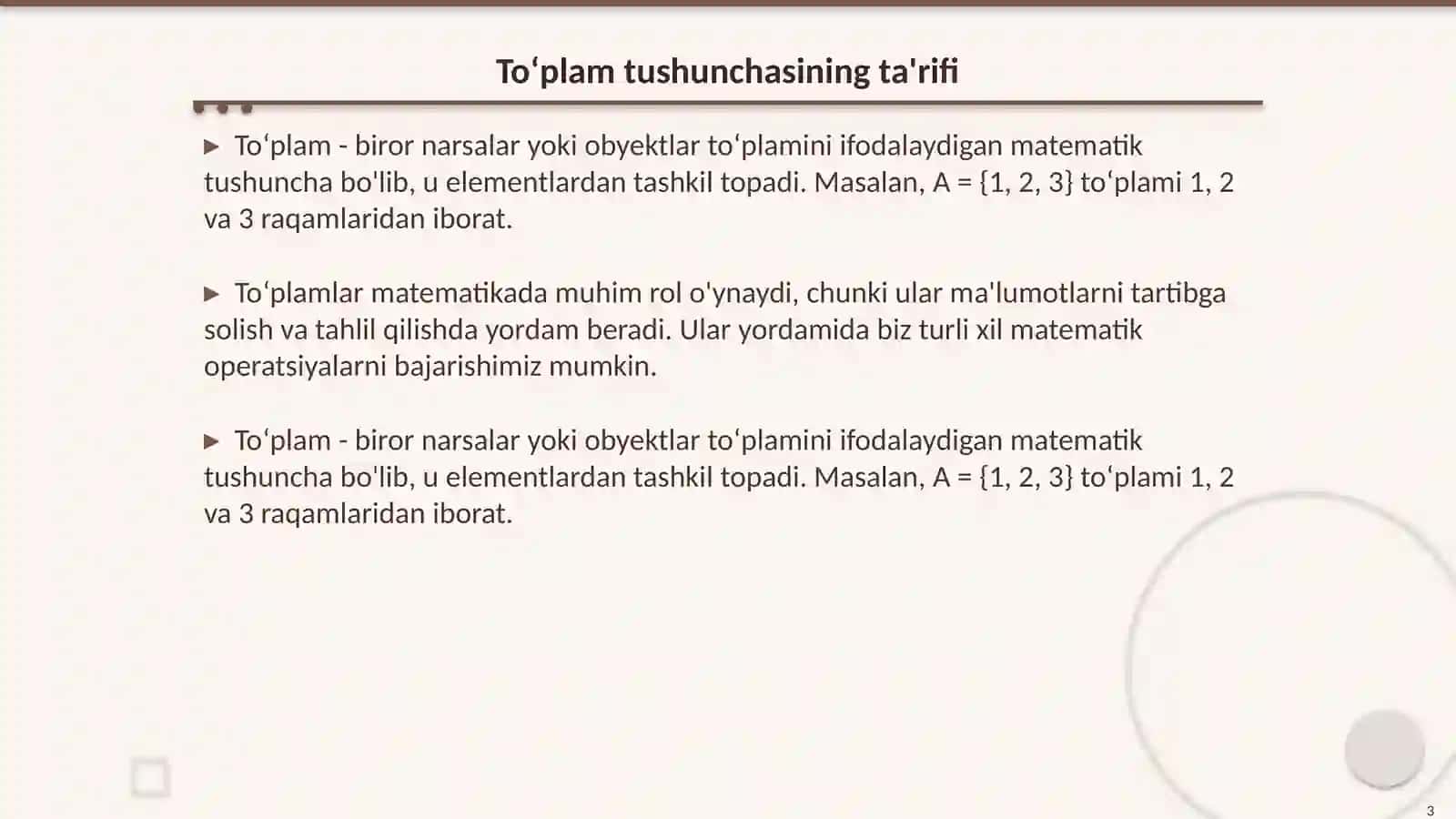 3 sinf matematika fanidan toʻplamlar mavzusiga dars ishlanma 3