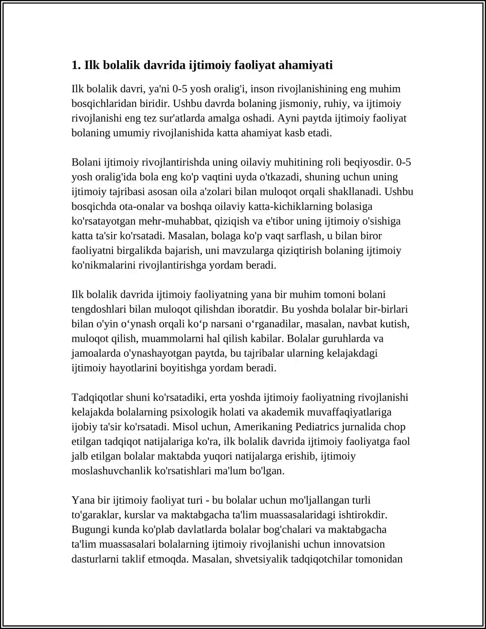 MUSTAQIL ISH Mavzu: PEREDMETLI FAOLIYAT ILK BOLALIK DAVRIDA YETAKCHI FAOLIYAT SIFATIDA 3