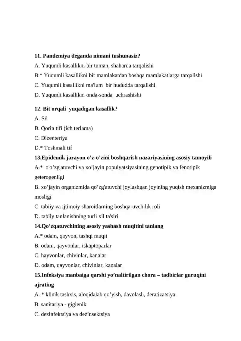 Tibbiyot parazitologiyasi va epidemiologiya asoslari fanidan test, javoblari bilan ( mavzulashtirilgan test) 3