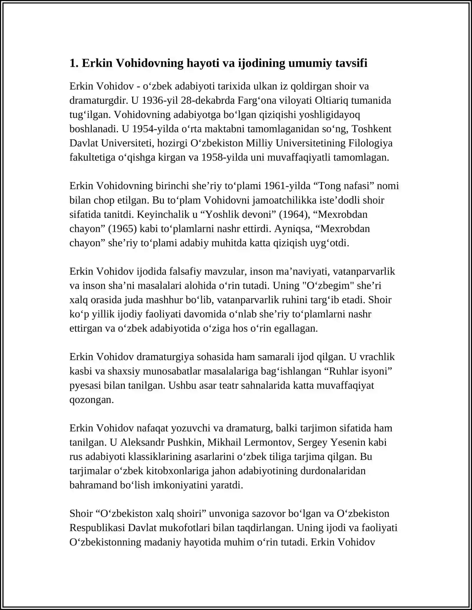 ERKIN VOHIDOVNING "RUHLAR ISYONI" DOSTONI MAVZUSIDA DARS ISHLANMA 3