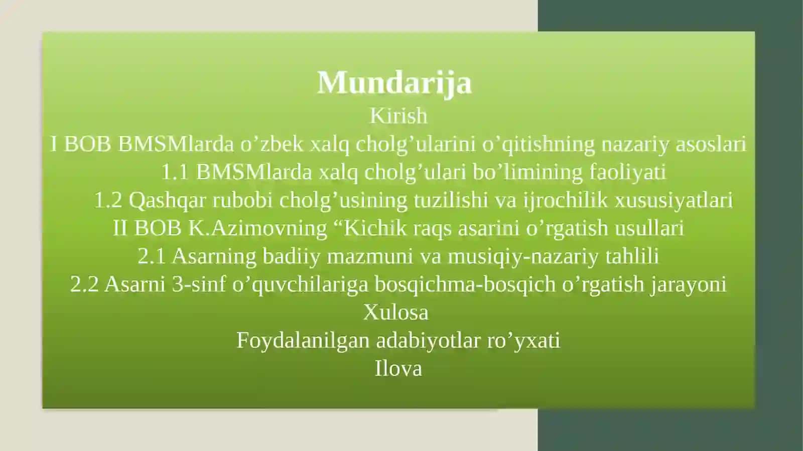 BMSMning 3-sinf o‘quvchilariga K.Azimovning “Kichik raqs” asarini qashqar rubob cholg‘usida o‘rgatish metodikasi 3