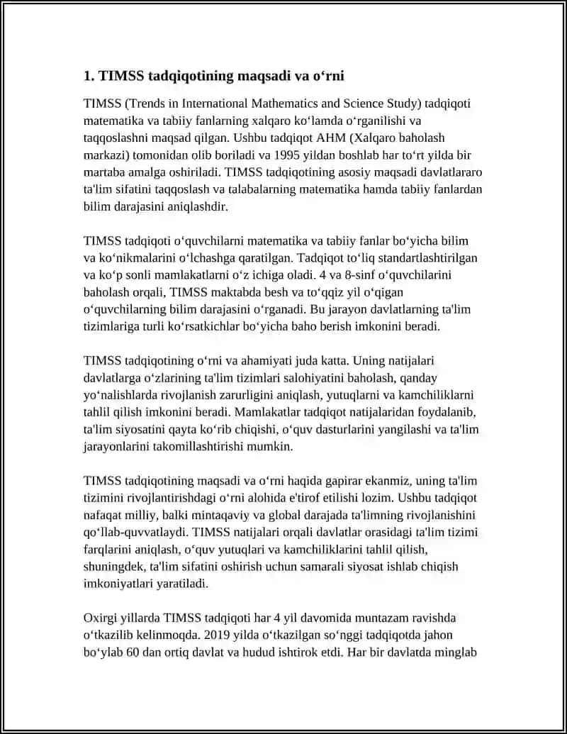 TIMSS MAZMUN SOHALARI TOPSHIRIQLAR VA NATIJALAR SHARHI 3