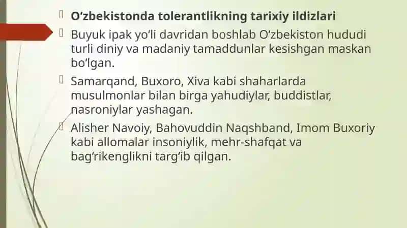 O`zbekistonda tolerantlik va millatlararo totuvlikni ta`minlashning tarixiy ildizlari va demokratik prinsiplar. 3