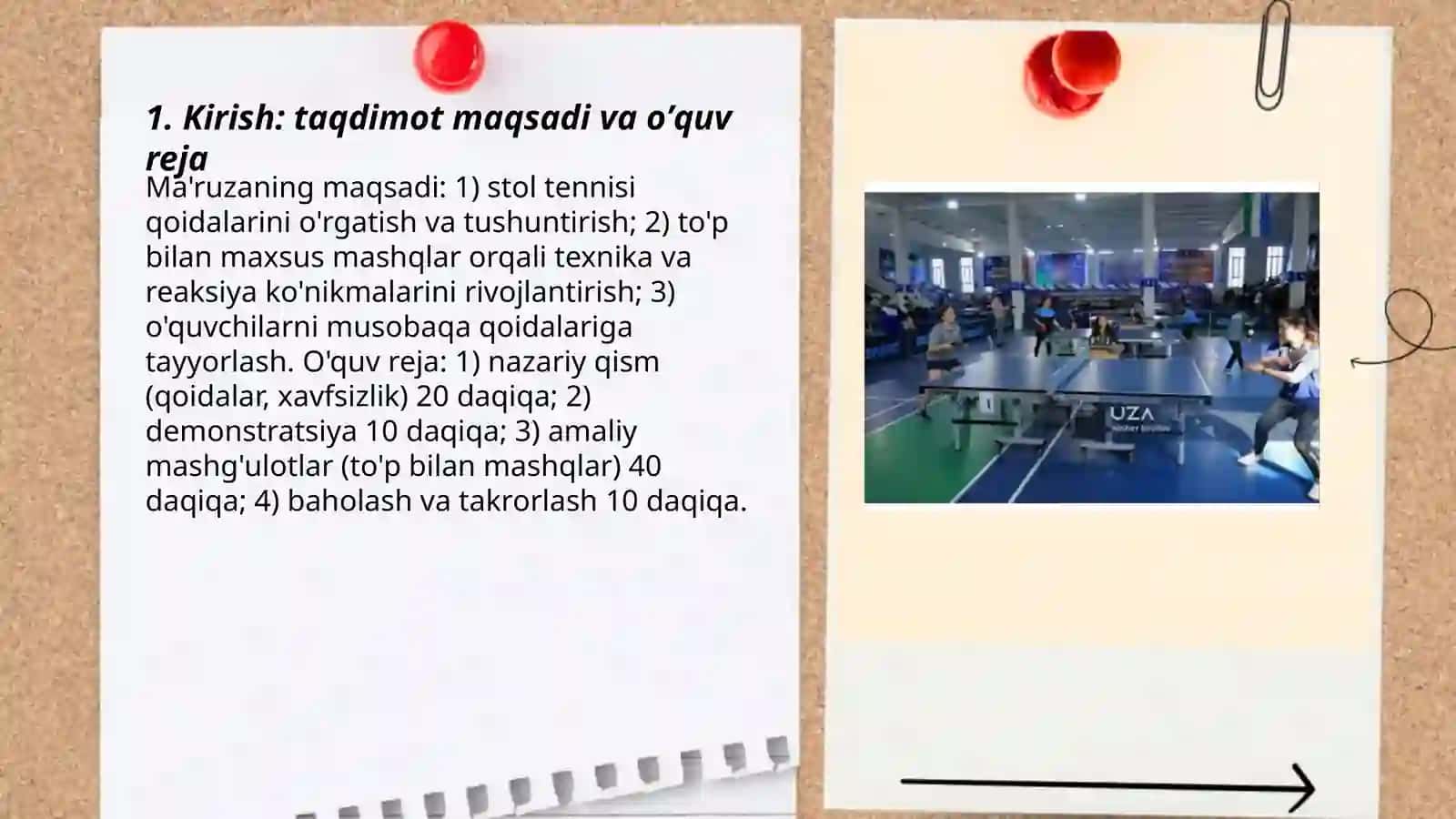 Stol tennisi oʼyini qoidalari boʼyicha taqdimot tayyorlash hamda toʼpchalar bilan maxsus mashqlar bajarish 3