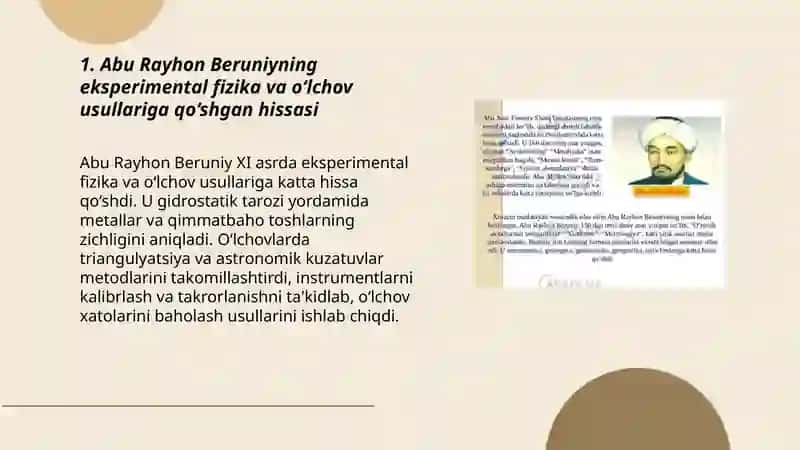 Fizikaga Oʻzbek mutafakkirlar A.R.Beruniy, Ibn Sino, Ulugʻbek, Abu Nasr Farobiy, Al Xorazmiy va boshqa ilmiy kashfiyotlari, jaxon sivilizatsiyasiga qoʻshgan ulkan xizmatlari. 3