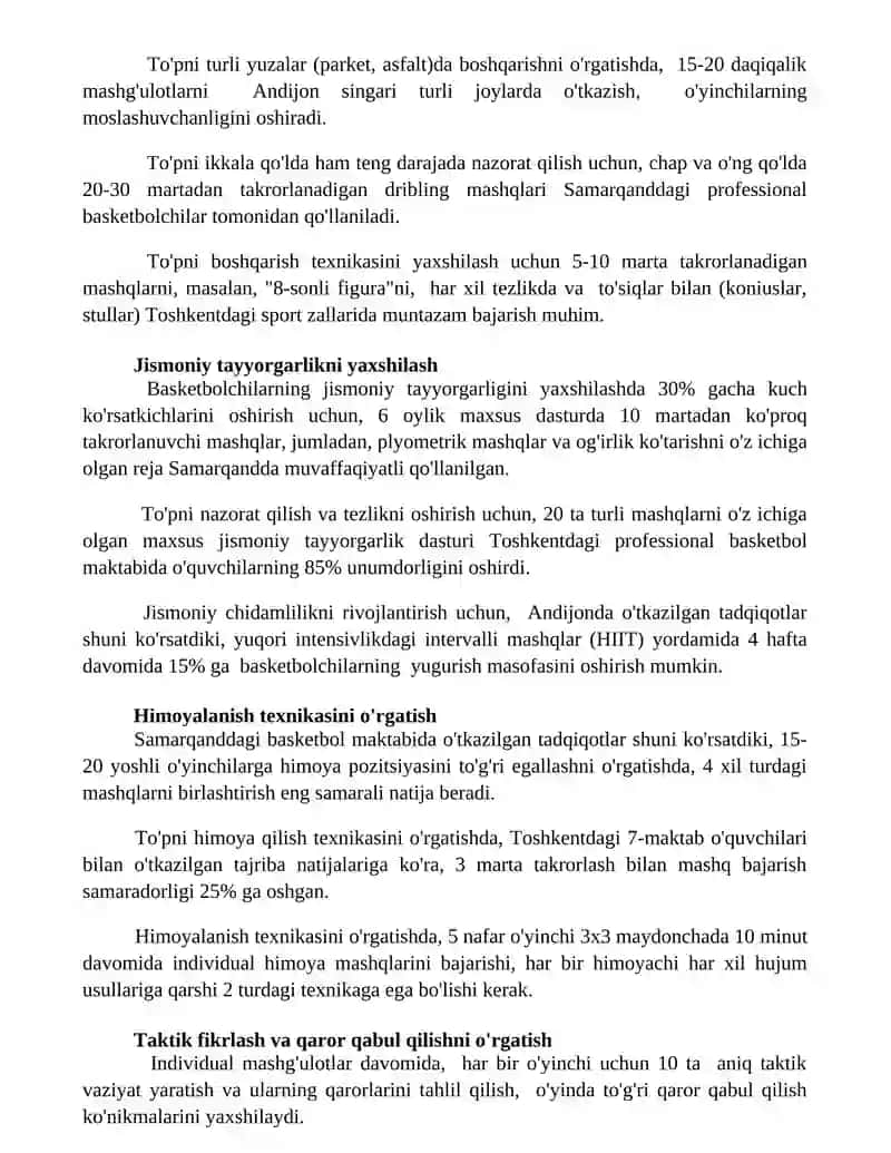 Basketbol oʻyinida shugʻullanuvchilarning oyini texnikasini oʻrgatishni takomillashtirish 3