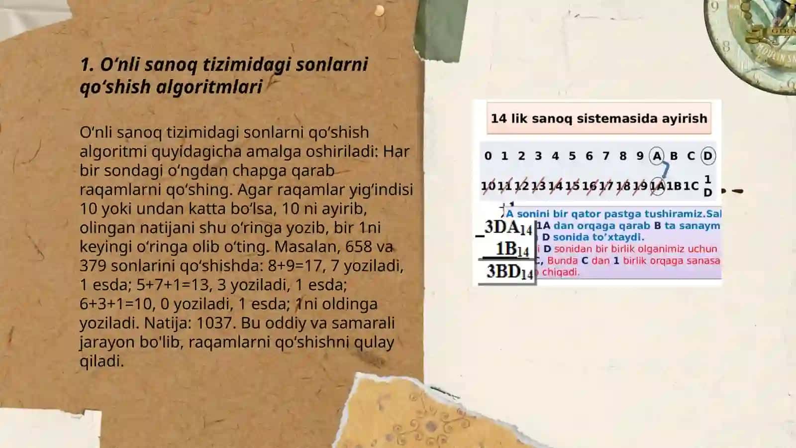 Oʻnli sanoq sistemasidagi nomanfiy butun sonlarni arifmetik amallarining algoritmi. Ikkilik sanoq sistemasining tadbiqi. Hisoblashning qulay usullari 3