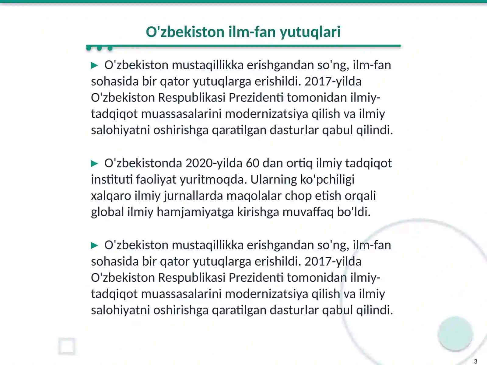 O'zbekistonning ilm-fan va texnologiya rivojlanishidagi yutuqlari va muammolari 3