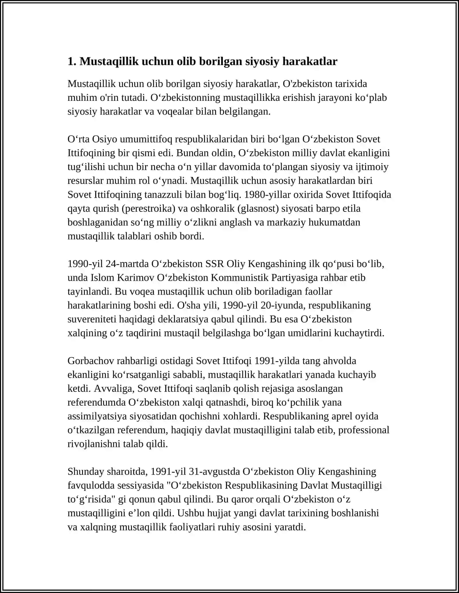 O'ZBEKISTONNING MUSTAQILLIKKA ERISHISH ARAFASIDA İJTIMOIY - SIYOSIY IQTISODIY AHVOLI 3