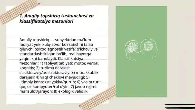Amaliy topshiriq xarakteriga ko‘ra psixodiagnostik metodikalarning klassifikatsiyasi 3