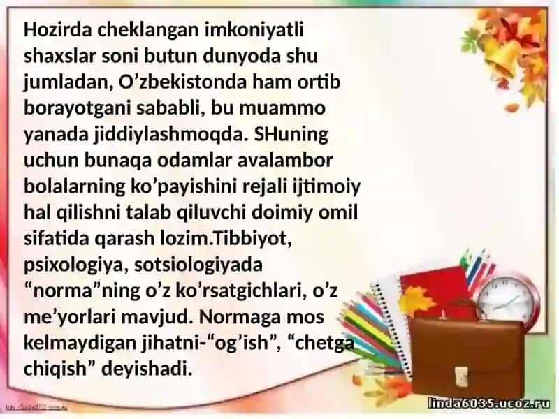 Alohida yordamga muhtoj bolani umumta'lim maktabi yoki maktabgacha tashkilotda inklyuziv ta'lim sharoitida o'qishga moslashishida oila va maktabning o'rni 3