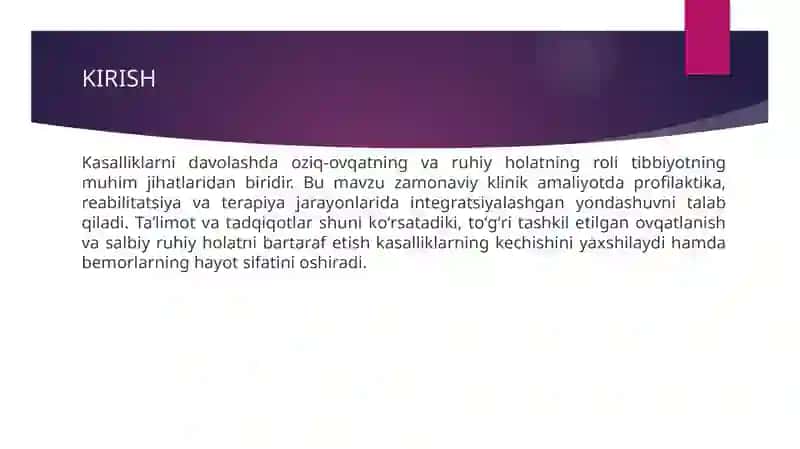 Kasallikni davolashda trio ovqatlanishning oʻrni.Inson ruhiyatining kasalliklarni davolashga taʼsiri. 3