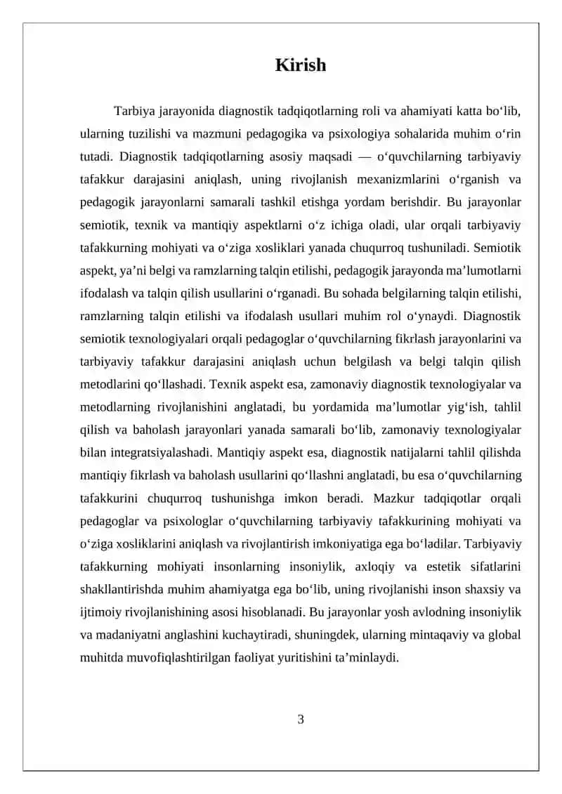 DIAGNOSTIK TADQIDOTLARNING TUZILISHI:DIAGNOSTIK TADQIDOTLARNING SEMIOTIK .TEXNIK VA MANTIQIY.  ASPEKTLARI; TARBIYAVIY TAFAKKURNING MOHIYATI VA OʻZIGA XOSLIKLARI. 3