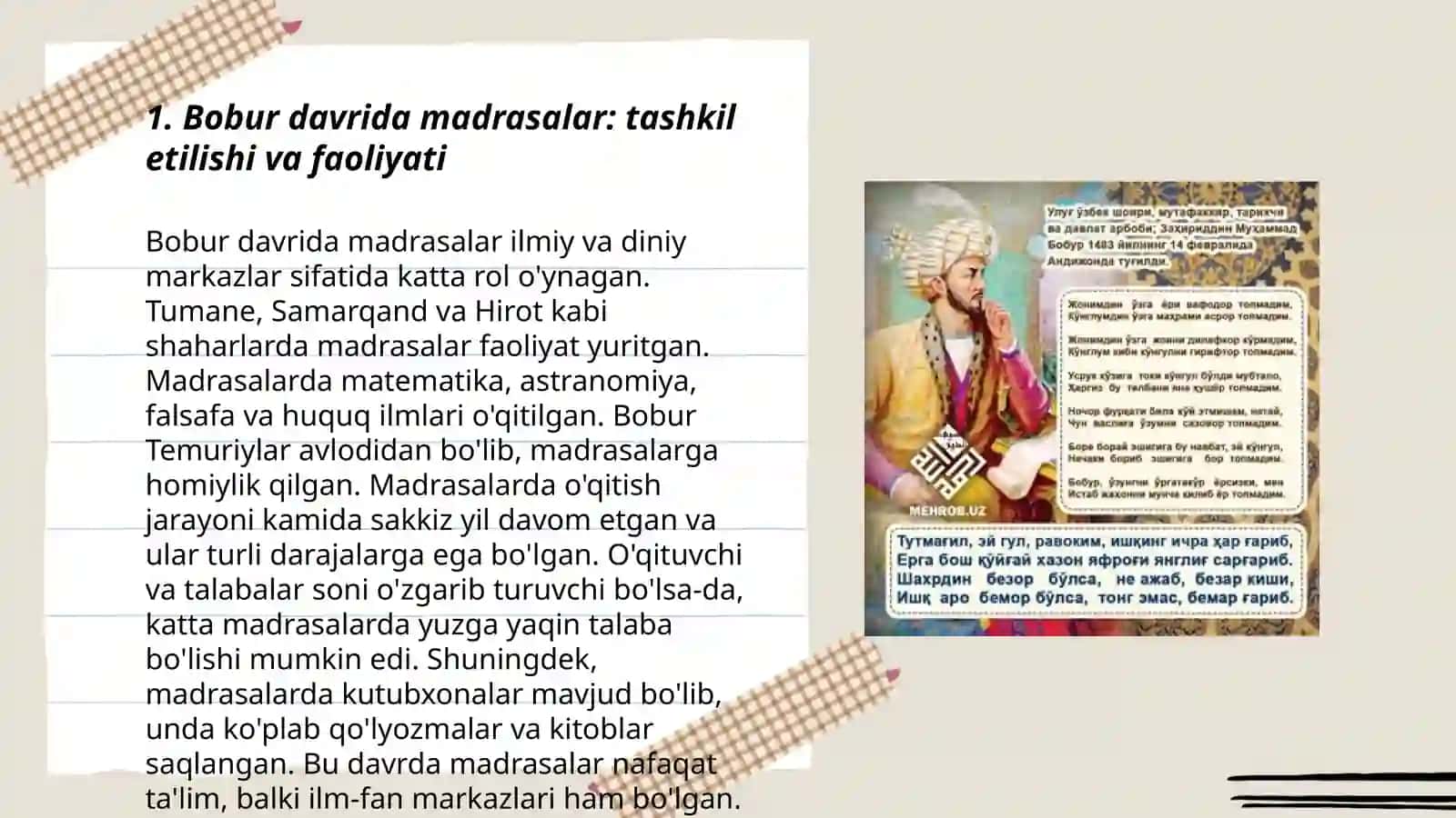 Bobur davrida madrasalar: tashkil etilishi va faoliyati 3