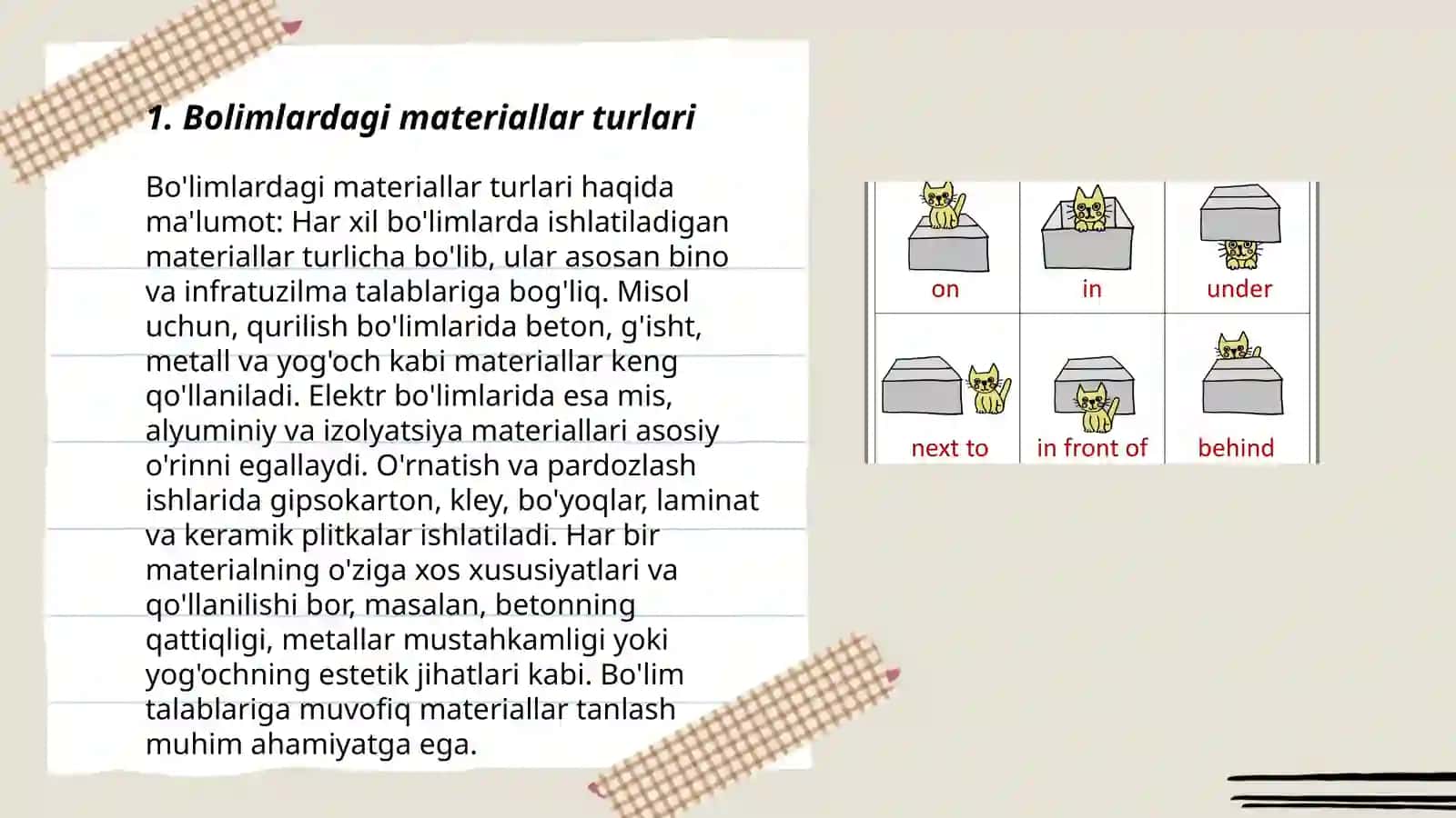 Bo'limlardagi materiallar turlari 3